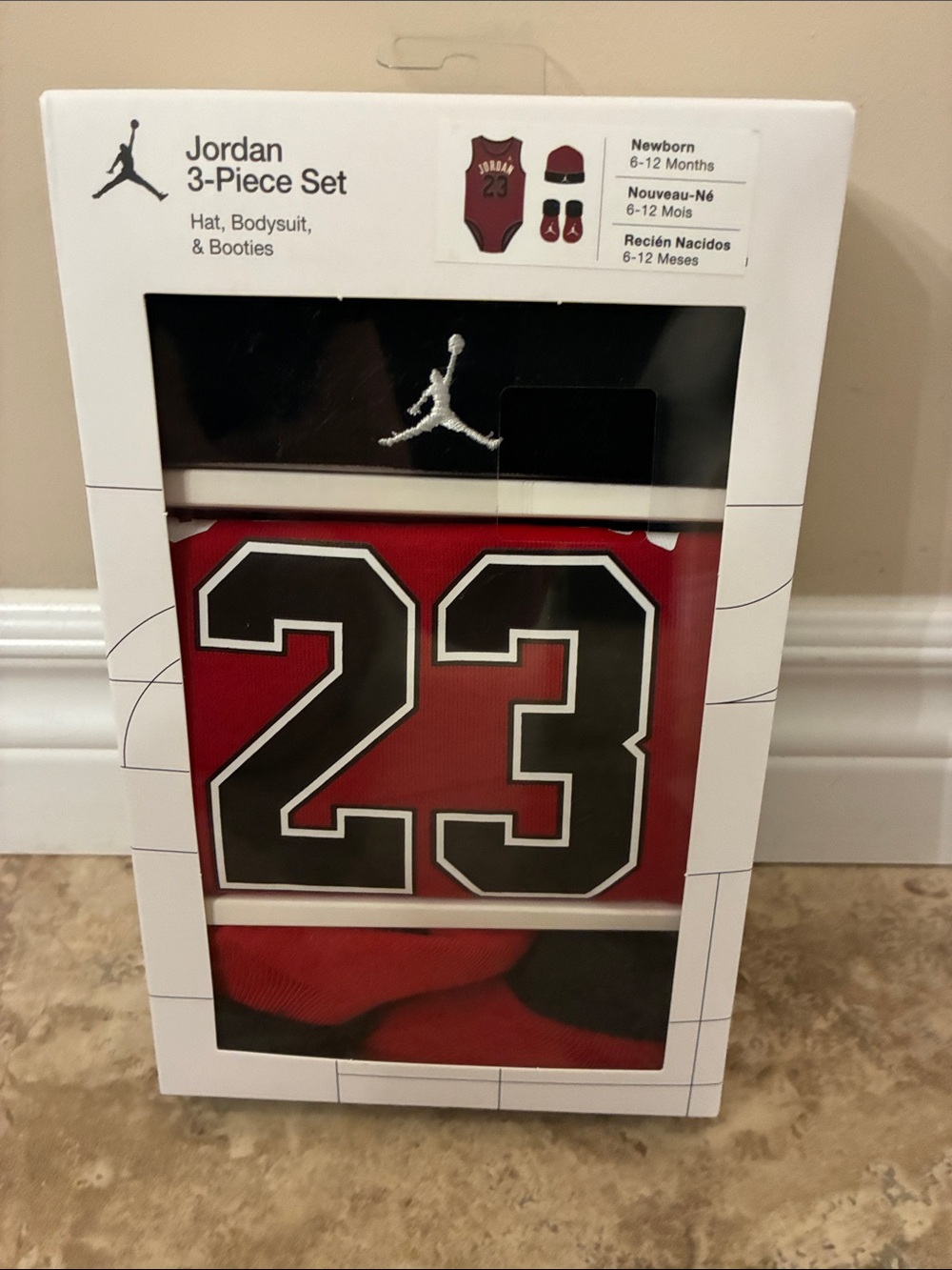 Nike Jordan 23 Baby 3-Piece Set hat bodysuit onesie booties logo